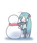  ahoge aqua_hair hatsune_miku long_hair mittens red_scarf sakuramori_sumomo scarf snowman solo vocaloid 