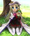  beret blonde_hair blue_eyes blush bow buttons cape fang hair_ornament hairclip hat keroro keroro_gunsou large_buttons little_busters! long_hair mutsuki_(moonknives) nature noumi_kudryavka open_mouth pink_bow plaid plaid_skirt school_uniform skirt solo thighhighs zettai_ryouiki 