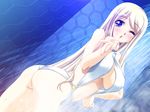  ass blonde_hair blown_kiss blue_eyes blush breasts cleavage covered_nipples dutch_angle dyogrammaton game_cg gelsomina_piacentini long_hair looking_back medium_breasts non-web_source one_eye_closed purple_eyes shinozuka_atsuto showering slingshot_swimsuit solo swimsuit underboob wet white_swimsuit 