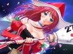  amanogawa_subaru bare_shoulders blue_eyes blush breasts broom choker cleavage dutch_angle elbow_gloves fingerless_gloves game_cg gloves hat large_breasts majodou night red_hair sano_toshihide solo star witch witch_hat 