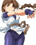  blush braid brown_eyes brown_hair dougi gloves long_hair lowres one_eye_closed ryuuko_no_ken sash single_braid solo spandex standing the_king_of_fighters tonpuu very_long_hair yuri_sakazaki 