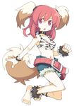  animal_ears anklet artist_request barefoot belt bikini_top bracelet choker denim denim_shorts jewelry midriff red_eyes red_hair shorts solo tail trickster vinosh_(trickster) 