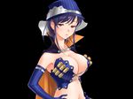  breasts cape cleavage disapproving_stare elbow_gloves game_cg gloves hands_on_hips hitotsukane_yuuko_olivia large_breasts majodou midriff navel purple_hair red_eyes sano_toshihide solo 