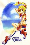  :d beach blonde_hair blush chrono_cross cloud cloudy_sky copyright_name day full_body high_ponytail kid_(chrono_cross) midriff multi-tied_hair navel open_mouth ponytail red_eyes sand sky smile solo stomach water 