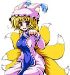  bangs blonde_hair blush breasts cleavage d: dress fox_tail hat hips impossible_clothes impossible_dress large_breasts looking_at_viewer multiple_tails nagana_sayui oekaki open_mouth paw_pose seiza simple_background sitting solo tabard tail touhou white_background white_dress yakumo_ran yellow_eyes 