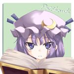  blush book character_name crescent crescent_hair_ornament green_background hair_ornament hat looking_at_viewer mob_cap ogami_kazuki patchouli_knowledge purple_eyes purple_hair serious simple_background solo touhou tsurime 