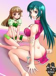  age_difference aqua_hair arm_support back bandeau bangs barefoot between_legs bikini blush bow breasts brown_hair butt_crack character_name chinese_clothes cleavage closed_mouth dimples_of_venus dress earrings frills from_side full_body gradient gradient_background green_bikini groin hair_ornament hair_ribbon hand_between_legs jewelry knees_together_feet_apart kotona_elegance large_breasts light_smile lipstick long_hair makeup multiple_girls outline pink_bikini puffy_short_sleeves puffy_sleeves purple_eyes re_mii red_eyes ribbon short_sleeves side-tie_bikini silhouette sitting small_breasts smile spread_legs swimsuit tankini thigh_strap tress_ribbon v_arms wariza yaso_shigeru zoids zoids_genesis 
