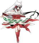  amaterasu animal_ears artist_request barefoot green_eyes hakama japanese_clothes kimono long_hair magatama miko ookami_(game) personification red_hakama solo tattoo toeless_legwear toes white_hair wolf wolf_ears 