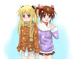  bad_id bad_pixiv_id blonde_hair brown_hair coat fate_testarossa hair_ribbon holding_hands iceky lyrical_nanoha mahou_shoujo_lyrical_nanoha multiple_girls orange_shirt purple_eyes red_eyes ribbon scarf shirt skirt snow takamachi_nanoha twintails winter_clothes winter_coat 