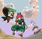  adapted_costume animal_ears ankle_ribbon banjo black_wings braid brown_hair cat_ears cat_tail cloud digital_media_player dress extra_ears flute flying hair_ribbon headphones heart instrument kaenbyou_rin komeiji_satori long_hair long_skirt looking_at_viewer multiple_girls multiple_tails natsume_gari red_eyes red_hair reiuji_utsuho ribbon skirt sky slit_pupils smile tail touhou twin_braids upside-down wings 