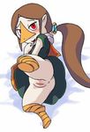  anus avian blush brown_hair butt cub female hair legend_of_zelda looking_at_viewer lying medli open_mouth plain_background ponytail pussy red_eyes rito solo spread_legs spreading the_legend_of_zelda the_wind_waker video_games wind_waker young 