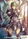  1boy armor armored_boots blue_eyes boots dragon dragon_wings fire_emblem fire_emblem:_the_binding_blade fire_emblem_cipher gloves green_hair heath_(fire_emblem) multicolored_hair nagahama_megumi official_art open_mouth polearm solo spear teeth two-tone_hair weapon white_hair wings 