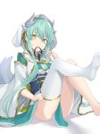 100 1girl absurdres aqua_hair ass bangs barefoot blush breasts commentary_request dragon_girl dragon_horns fate/grand_order fate_(series) green_eyes hair_between_eyes hair_tie_in_mouth highres hood horns japanese_clothes kimono kiyohime_(fate/grand_order) knees_up leg_up long_hair long_sleeves looking_at_viewer mouth_hold no_shoes obi pelvic_curtain sash shadow sidelocks simple_background single_thighhigh sitting small_breasts solo sweatdrop thighhighs very_long_hair white_background white_kimono white_legwear wide_sleeves 