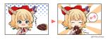  1girl :t @_@ bare_shoulders blonde_hair blush bow chain chibi closed_mouth commentary_request cosplay cube eating eighth_note food food_on_face gochuumon_wa_usagi_desu_ka? green_eyes hair_bow holding holding_food horn_bow horns ibuki_suika ibuki_suika_(cosplay) kirima_sharo miicha musical_note oni oni_horns open_mouth pink_shirt purple_bow red_bow shirt sleeveless sleeveless_shirt sphere spoken_musical_note sunburst sunburst_background takenoko_no_sato_(food) teardrop touhou translation_request twitter_username upper_body wavy_mouth wrist_cuffs 