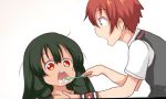  1boy 1girl anoshiras_ii bangs blue_eyes collared_shirt couple dark_skin eyebrows_visible_through_hair green_hair hetero hibiki_yuuta holding_toothbrush long_hair looking_at_another red_hair school_uniform shirt short_hair short_sleeves ssss.gridman toothbrush toothbrush_in_mouth waistcoat white_shirt wing_collar 