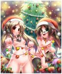  2girls animal_ears blush breasts brown_eyes brown_hair christmas christmas_tree collar emperpep female glasses green_eyes hat headphones heterochromia long_hair mouth_hold multiple_girls navel nipples nude open_mouth original pussy santa_hat second_life smile tail thighhighs uncensored yellow_eyes 
