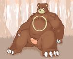  4_toes anthro balls bear biceps black_nose blush body_markings brown_fur chubby circle claws erection forest fringe fur grass grizzly_bear iavan male mammal markings musclegut nintendo nude outside penis pink_penis pok&#233;mon porkyman sitting solo spread_legs spreading tree ursaring vein video_games white_claws yellow_markings 