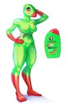  anthrofied blush bottle breasts female fivel green_skin inanimate l&#039;oreal l'or&#233;al markings mascots navel pink_eyes plain_background shampoo socks_(marking) solo standing thick_thighs white_background wide_hips 