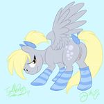  2013 amber_eyes ass_up blonde_hair blue_background blush bow butt cutie_mark derpy_hooves derpy_hooves_(mlp) english_text equine female feral friendship_is_magic fur grey_fur hair hair_bow looking_at_viewer looking_back mammal my_little_pony pegasus plain_background ponytail presenting presenting_hindquarters pussy pussy_juice signature smile socks solo text toodledipsy wings yellow_eyes 