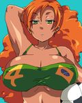  adapted_costume aqua_background arm_up bad_id bad_pixiv_id ball bangs bikini_top brazil brazilian breasts carrying_under_arm cleavage closed_mouth covered_nipples curly_hair earrings eyeshadow flag_print futaba_841 green_bikini_top green_eyes halterneck huge_breasts jewelry large_breasts lipstick long_hair looking_down lowres makeup oekaki orange_hair pop'n_music quattro_(pop'n_music) simple_background soccer_ball solo telstar upper_body 