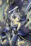  armor armored_dress crown dress flying gwendolyn nakabayashi_reimei odin_sphere polearm purple_eyes silver_hair spear strapless strapless_dress weapon wings 