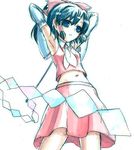  armpits arms_behind_head blue_eyes bow detached_sleeves gohei hair_bow hair_tubes hakurei_reimu jpeg_artifacts juuka@100neko light_smile midriff navel red_skirt ribbon_trim skirt solo touhou white_background 