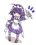  1girl :d ahoge apron dress frills full_body futaba_channel holding long_sleeves looking_at_viewer lowres maid_headdress mary_janes minarai nijiura_maids open_mouth pantyhose purple_dress shoes simple_background smile solo standing striped striped_legwear syringe white_background yakui 