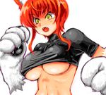 animal_ears babydoll_t-shirt breasts crop_top fangs fuyube_rion kaibutsu_oujo large_breasts midriff monster_girl paws red_hair riza_wildman shirt_lift solo underboob wolf_ears yellow_eyes 