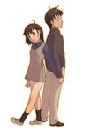  1girl ahoge back-to-back black_legwear blush brown_eyes brown_hair couple dress full_body hetero holding_hands long_sleeves looking_at_viewer ootomo_takuji open_mouth original outline profile shoes short_hair simple_background sneakers standing white_background 
