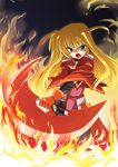  arisa_bannings bad_id bad_pixiv_id blonde_hair burning_arisa cape fire gloves green_eyes highres kusanagi_(noi's) long_hair lyrical_nanoha mahou_shoujo_lyrical_nanoha solo twintails weapon 