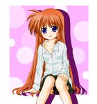  bad_id bad_pixiv_id bra brown_hair lingerie long_hair lyrical_nanoha mahou_shoujo_lyrical_nanoha_strikers purple_eyes school_uniform sitting skirt solo tadokoro_teppei takamachi_nanoha underwear very_long_hair 