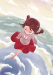  barefoot braid brown_hair closed_eyes cloud flying highres madotsuki skirt sky solo spoilers tears twin_braids twintails waha_(artist) yume_nikki 