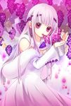  bad_id bad_pixiv_id detached_sleeves dress eating food fruit grapes holding holding_food holding_fruit long_hair original purple_eyes shirahane_nao solo white_hair 