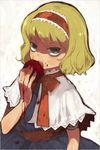  alice_margatroid apple blonde_hair blood blue_dress capelet domotolain dress eating food fruit green_eyes hairband heart looking_at_viewer shaded_face short_hair simple_background solo touhou white_background white_capelet 
