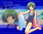  antenna_hair barefoot brown_eyes dengeki_moeou green_hair kickboard non-web_source one-piece_swimsuit one_eye_closed school_swimsuit short_hair solo suzuhira_hiro swim_cap swimsuit towel wallpaper zoom_layer 