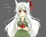  artist_name bangs breast_hold breasts crossed_arms dress ex-keine eyebrows_visible_through_hair eyes_visible_through_hair green_dress grey_background horn_ribbon horns kamishirasawa_keine long_hair medium_breasts puffy_short_sleeves puffy_sleeves red_eyes red_ribbon ribbon short_sleeves solo touhou umi_(umi02) very_long_hair wavy_hair white_hair 