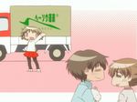  2girls animated animated_gif character_request ground_vehicle hidamari_sketch jumping lowres motor_vehicle multiple_girls pantyhose screencap smile tears truck waving wide_face yuno 