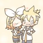  1girl blonde_hair blush brother_and_sister cheek_kiss chibi hair_ribbon kagamine_len kagamine_rin kiss lowres ribbon sakuramori_sumomo short_hair siblings twins vocaloid 