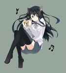  animal_ears bad_id bad_pixiv_id beamed_sixteenth_notes black_hair blue_eyes cat_ears copyright_request densou_(kinnikuhunter) eighth_note feet headphones long_hair musical_note necktie shirt shorts simple_background solo thighhighs 