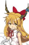  bow bowtie chain futami_shinen grin hair_bow hair_ribbon horn_ribbon horns ibuki_suika long_hair orange_hair ribbon smile solo touhou yellow_eyes 