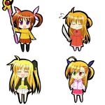  ahoge arisa_bannings blonde_hair blush brown_hair chibi closed_eyes coat fate_testarossa hair_ribbon heterochromia long_hair lyrical_nanoha mahou_shoujo_lyrical_nanoha mahou_shoujo_lyrical_nanoha_strikers multiple_girls orange_shirt raising_heart ribbon shirt skirt sword tadokoro_teppei takamachi_nanoha thighhighs twintails vivio weapon 