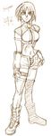  artist_request bandaged_leg bandages breasts brown full_body hand_on_hip large_breasts looking_at_viewer midriff monochrome navel ragnarok_online short_hair shorts sniper_(ragnarok_online) solo standing stomach 