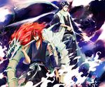  abarai_renji bankai black_hair bleach haori hihiou_zabimaru_(bankai) japanese_clothes kuchiki_byakuya long_hair male_focus multiple_boys red_hair senbonzakura_(shikai) shelattic shikai sword taichou_haori tattoo weapon 