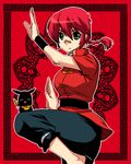  bandaid braid capri_pants chinese_clothes fighting_stance genderswap genderswap_(mtf) green_eyes hibiki_ryouga makuro no_socks p-chan pants ranma-chan ranma_1/2 red red_hair saotome_ranma short_hair single_braid tangzhuang twisted_torso 