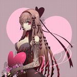  breasts brown_hair cleavage detached_sleeves dress fingernails flower hair_ornament hair_ribbon heart large_breasts long_hair mami_(apsaras) nail_polish original pink_eyes ribbon solo very_long_hair 