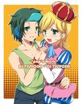  bad_id bad_pixiv_id blonde_hair crown dj_tsuyoshi futaba_841 green_eyes green_hair hat holding_hands male_focus multiple_boys oj_tsuyoshi otoko_no_ko pop'n_music short_hair smile tsuyoshi 