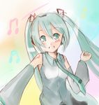  :d aqua_hair armpits beamed_eighth_notes beamed_sixteenth_notes blush collared_shirt detached_sleeves eighth_note gradient gradient_background grey_shirt hair_between_eyes hair_ornament hatsune_miku headphones long_hair looking_at_viewer musical_note necktie ogu open_mouth shirt sketch skirt smile solo twintails upper_body vocaloid 