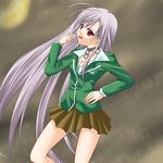  akashiya_moka bad_id bad_pixiv_id blazer breasts choker cleavage fang green_shirt inner_moka jacket lavender_hair long_hair medium_breasts purple_hair red_eyes rosario+vampire school_uniform shirt skirt solo tadokoro_teppei very_long_hair 