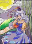  ascot bamboo blue_dress dress floating_hair from_behind fujiwara_no_mokou full_moon hat kamishirasawa_keine kuzumiya_yuyu looking_at_viewer moon multiple_girls puffy_short_sleeves puffy_sleeves short_sleeves silver_hair standing tate_eboshi touhou wavy_hair wind 