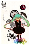  alternate_costume animal aqua_hair beige_background black_legwear blush bug butterfly buttons circle closed_eyes collared_shirt colored_eyelashes concentric_circles domotolain flower full_body gradient hatsune_miku highres holding holding_flower horse insect legs_apart long_hair long_sleeves pocket rainbow_gradient red_flower shirt solo standing striped thighhighs translated twintails umbrella vocaloid white_shirt zebra 